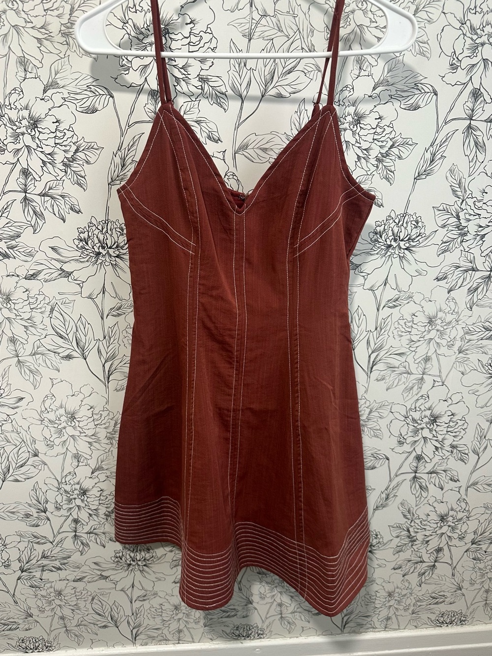 essue Rust-Red Mini Dress with White Topstitching